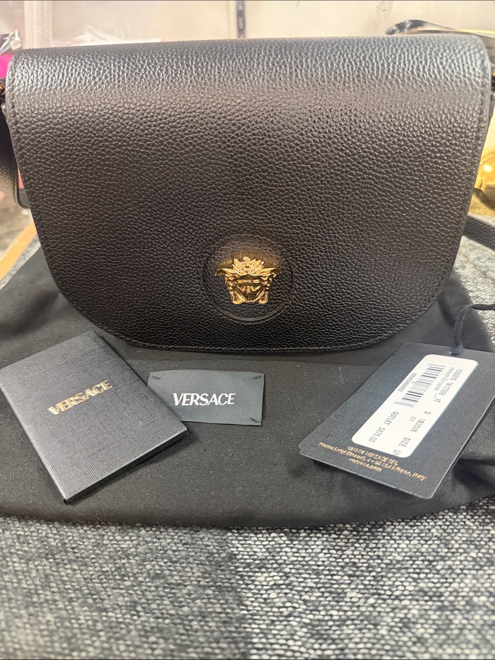 Versace Black Pebbled Leather Medusa Shoulder Bag with Gold Emblem